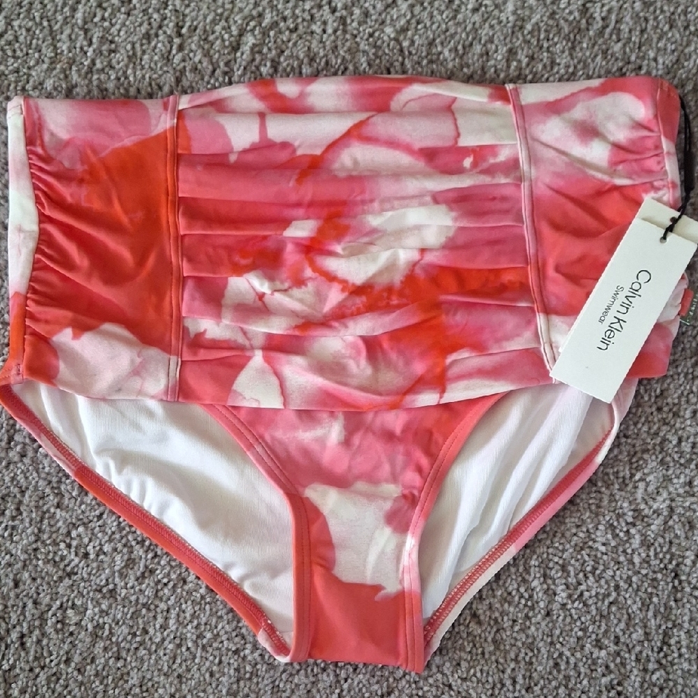 Calvin Klein Coral and White High-Waisted Bikini Bottom